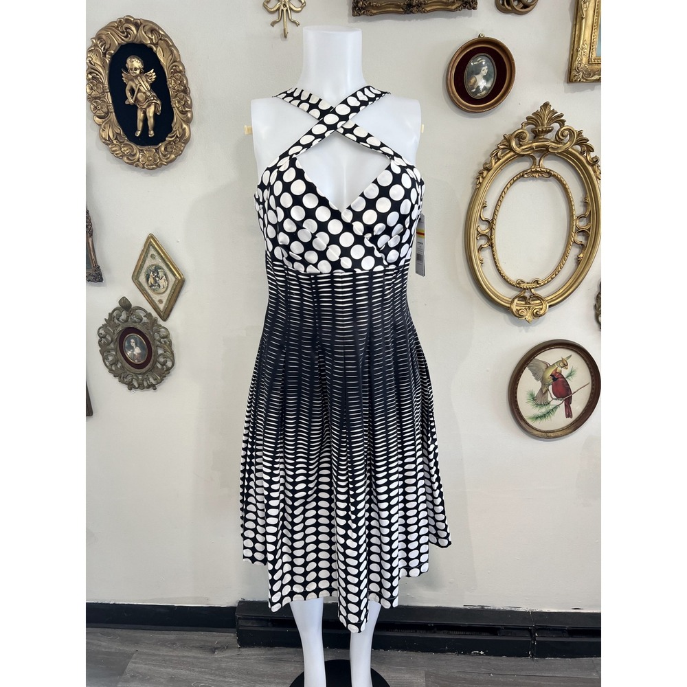 Dana Buchman Black & White Polka Dot Halter Midi Dress Size 10
